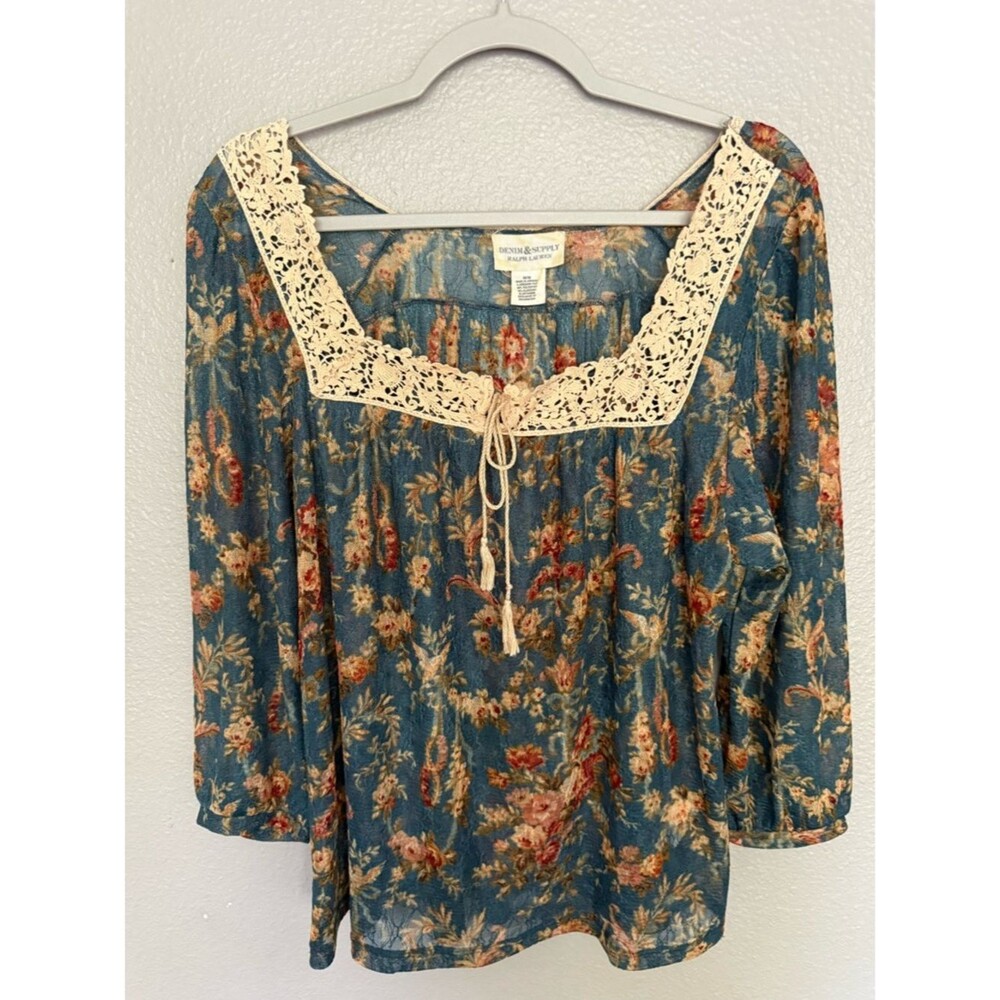 Denim & Supply Ralph Lauren Floral Crochet Lace Peasant Blouse Top Medium M
